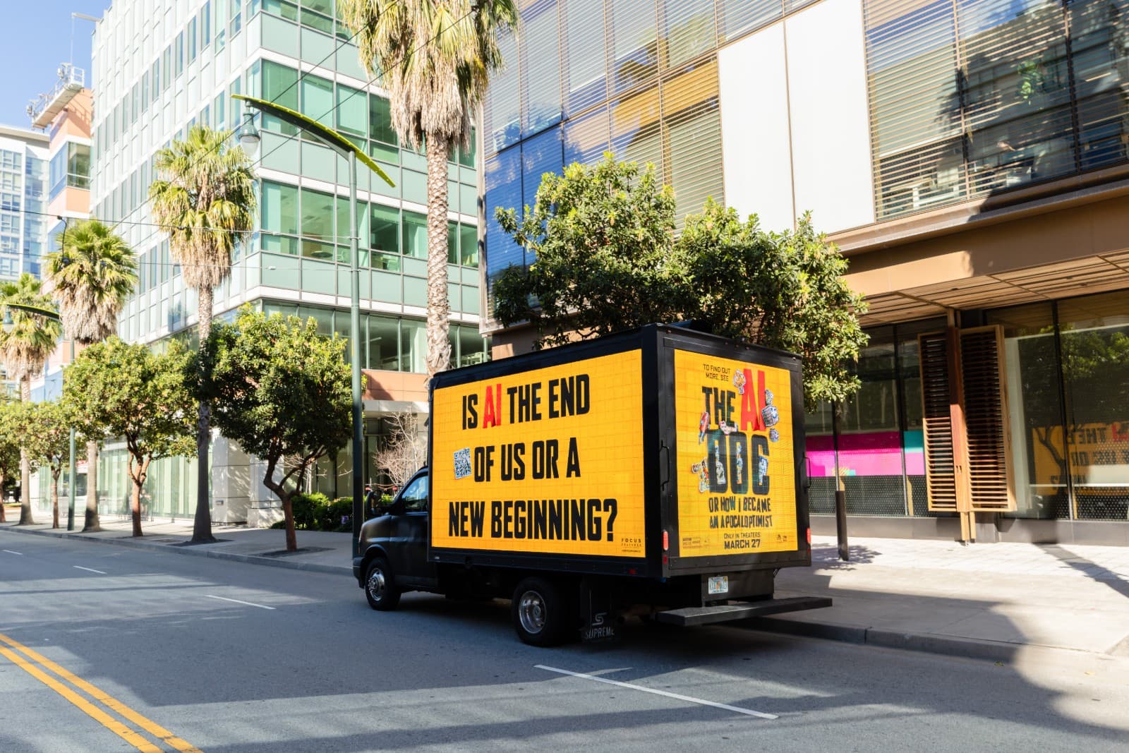 The AI Doc LED truck at Meta headquarters with AI-themed messaging in Bay Area by JY Studio