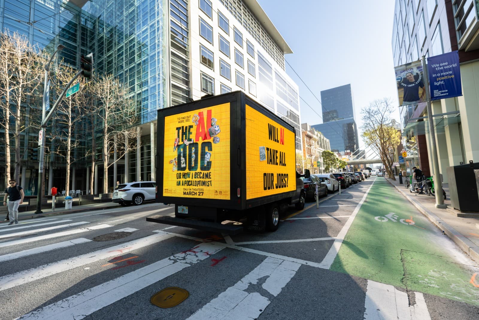 LED billboard truck promoting The AI Doc film near OpenAI office in San Francisco by JY Studio