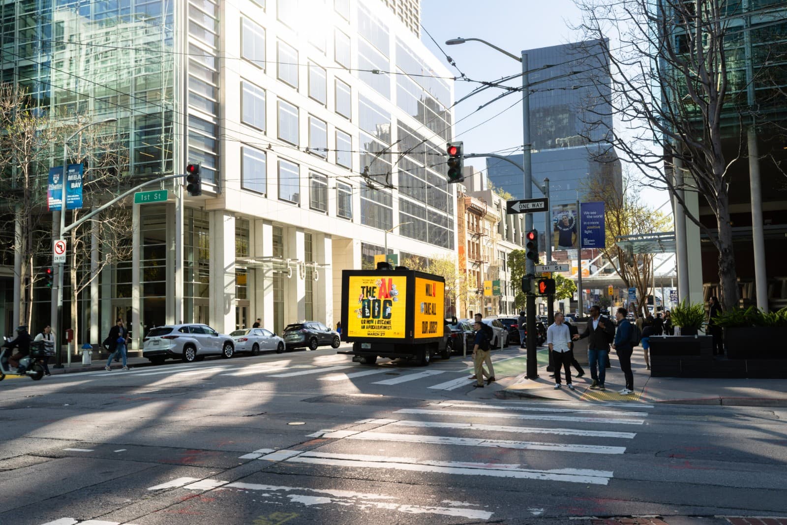 Focus Features AI Doc promotional truck driving through San Francisco tech district by JY Studio