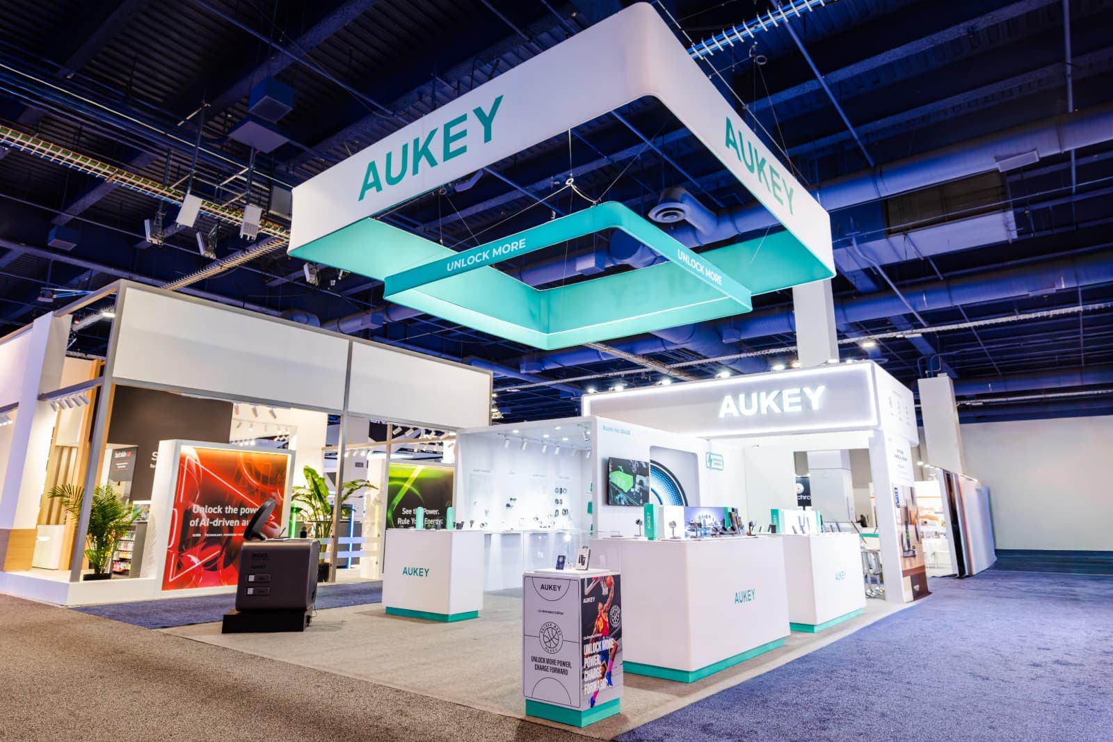 Consumer electronics product display at AUKEY CES 2026 trade show booth in Las Vegas by JY Studio