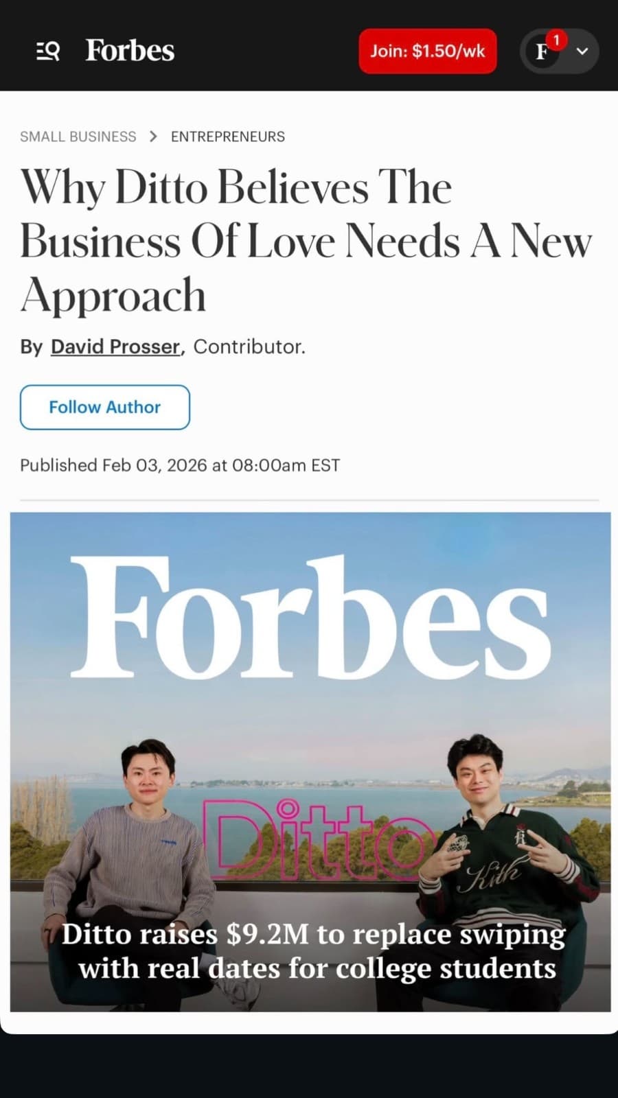 Forbes article featuring Ditto AI $9.2M funding with JY Studio team photography